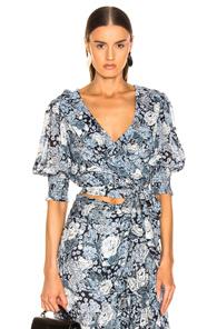 Ganni Elm Printed Georgette Top In Blue,floral