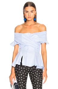 Jonathan Simkhai Wrapped Oxford Off Shoulder Peplum Top In Blue