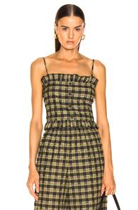 Ganni Seersucker Check Top In Green,plaid