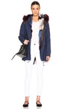 Mr & Mrs Italy Midi Army Parka Jacket With Fox & Raccoon Fur In Blue,stripes