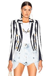 Balmain Smoking Collar Striped Button Jacket In Blue,stripes,white
