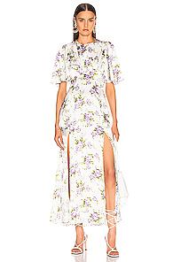 Les Reveries Petal Sleeve Slit Front Dress In Floral,purple,white