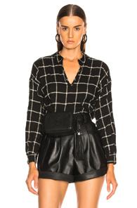 Enza Costa Split Collar Poet Blouse In Black,checkered & Plaid,white