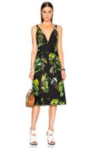 Proenza Schouler Printed Satin V Neck Long Dress With Slits In Black,floral,green