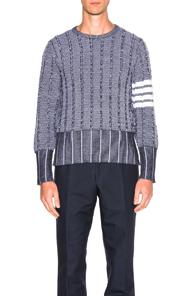Thom Browne Frayed Edge Waffle Pullover In Blue,stripes