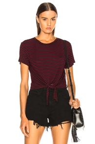 Enza Costa Front Tie Short Sleeve Tee In Black,red,stripes