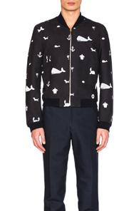 Thom Browne Front Zip Fun Mix Nubuck Bomber In Blue,animal Print