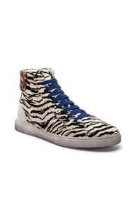 Saint Laurent Calf Hair Joe Chess Hi-top Sneakers In White,animal Print
