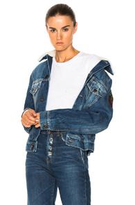 Saint Laurent Shearling Trim Patch Denim Jacket In Blue