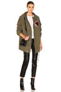 Saint Laurent Twill Multi Patch Military Parka In Green