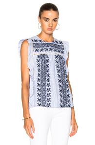 Veronica Beard Cece Embroidered Eyelet Ruffle Top In Blue,floral,stripes,white