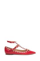 Valentino Rockstud Leather Cage Flats In Red