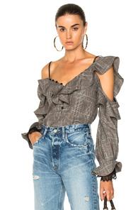 Self-portrait Wool Check Off Shoulder Frill Top In Checkered & Plaid,neutrals