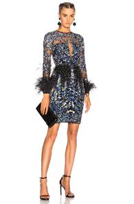 Zuhair Murad Long Sleeve Fully Beaded Feather Detail Mini Dress In Blue,floral