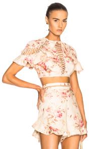 Zimmermann Corsair Flutter Lace Up Top In Floral,neutrals,pink