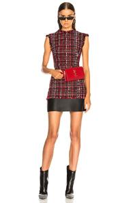 Alexander Mcqueen Leather Trim Tweed Mini Dress In Black,red