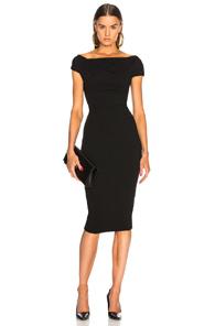 Victoria Beckham Shoulder Drape Fitted Midi Dress In Black