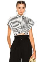 T By Alexander Wang Striped Cotton Twist Front Crop Short Sleeve Shirt In Stripes,white