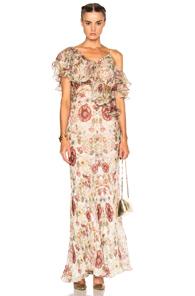 Alexander Mcqueen Off Shoulder Gown In Neutrals,floral
