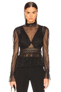 Patbo Night Sheer Mock Neck Top In Black,metallic,polka Dots