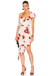 Michelle Mason Asymmetrical Ruffle Dress In Floral,red,white