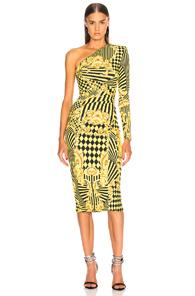 Versace Printed One Shoulder Cocktail Dress In Abstract,black,stripes,yellow
