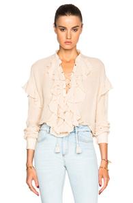 Chloe Gauzy Linen Ruffle Front Blouse In Neutrals