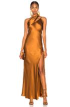 Michelle Mason One Shoulder Gown With Tie In Metallic Bronze
