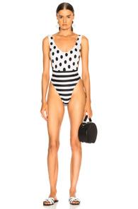 Norma Kamali Spliced Marissa Swimsuit In Black,geometric Print,white