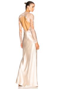 Michelle Mason Bias Gown With Lace Shrug In Neutrals