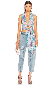 Marques ' Almeida Halter Tie Top In Blue,checkered & Plaid,pink