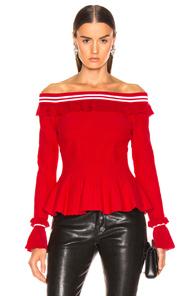 Jonathan Simkhai For Fwrd Off The Shoulder Ruffle Top In Red