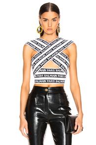 Balmain Logo Print Crossover Banded Top In Abstract,black,white