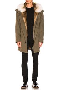 Yves Salomon Cotton Parka With Rabbit And Coyote Fur In Green