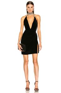 Saint Laurent Plunging Velvet Mini Dress In Black