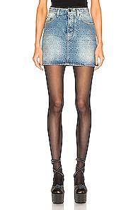 Saint Laurent Embossed Star Classic Skirt In Denim Light,stars