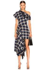 Monse Flap Shoulder Asymmetrical Tweed Dress In Blue,plaid