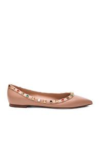 Valentino Rockstud Leather Rolling Ballerina Flats In Neutrals