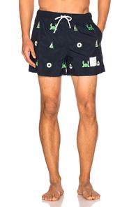 Thom Browne Fun Mix Icon Embroidered Swim Trunks In Blue