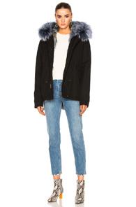 Mr & Mrs Italy Mini Parka Jacket With Coyote & Raccoon Fur In Black