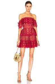 Self-portrait Off Shoulder Guipure Mini Dress In Floral,red