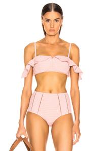 Jonathan Simkhai Lace Ruffle Cold Shoulder Bikini Top In Pink