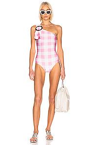 Adriana Degreas Vichy One-shoulder Swimsuit With Hoop In Pink,plaid