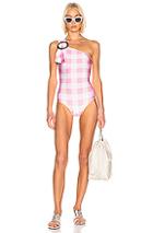 Adriana Degreas Vichy One-shoulder Swimsuit With Hoop In Pink,plaid