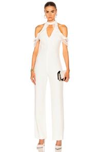 Jonathan Simkhai Lace Ruffle Cold Shoulder Jumpsuit In White