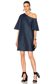 Tibi One Shoulder Bell Sleeve Dress In Blue