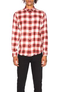 Frame Fray Hem Work Shirt In Checkered & Plaid,red,white