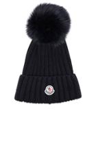 Moncler Fur Pom Ribbed Beanie In Blue