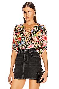 Icons Objects Of Devotion Ruffle Lace Up Blouse In Black,floral,red