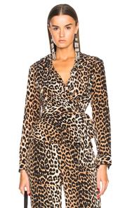 Ganni Fayette Silk Wrap Top In Animal Print,neutral
